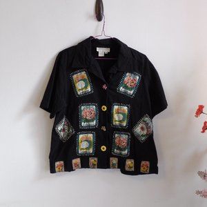 Vintage Annex Women's Botanical Flower Button-Up Black Short Sleeve Top Medium